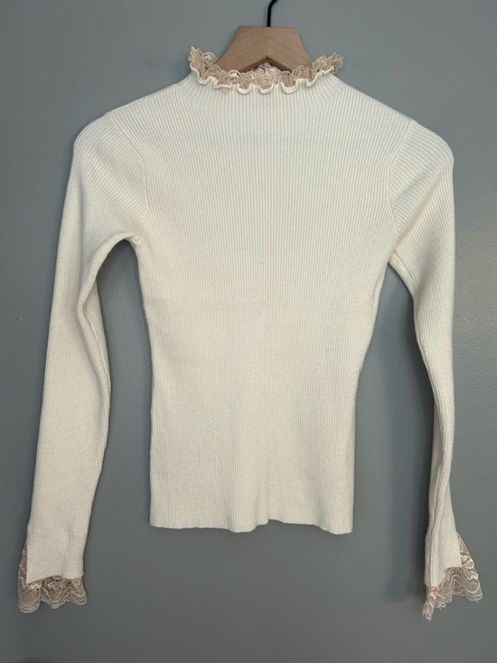 Moon River Sweaters - Moon River Women’s Cream Wish Come True Ribbed Lace Mock Neck Sweater, Small
